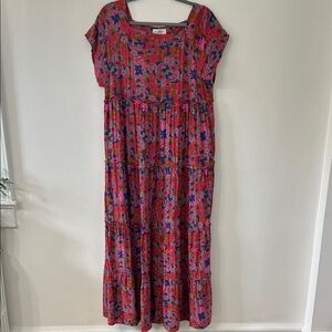 NATURAL LIFE Dress Large Pink Floral Tiered Maxi Bohemian Festival Beach
